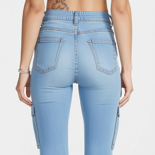 High Waisted Cargo Denim Jeans in Light Blue