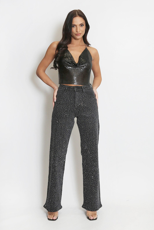 Wide-Leg Diamante Jeans in Black