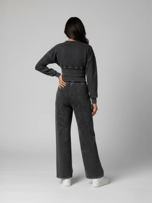 Women's Charcoal Grey Button Up Acid Wash Loungewear Set