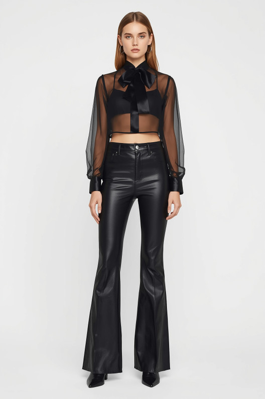 Crop Sheer Satin Bow Blouse