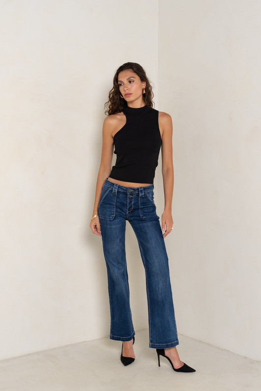 Dark Blue Straight Leg Jeans with Carpenter Pockets