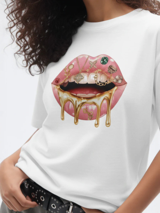 Gold Lips Graphic Printed T-Shirt
