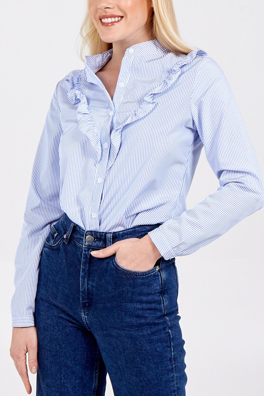 Women's Blue Striped Ruffle Shirt