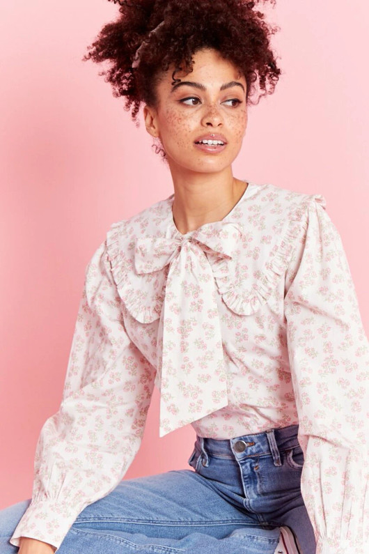 Cream Floral Pussy Bow Blouse