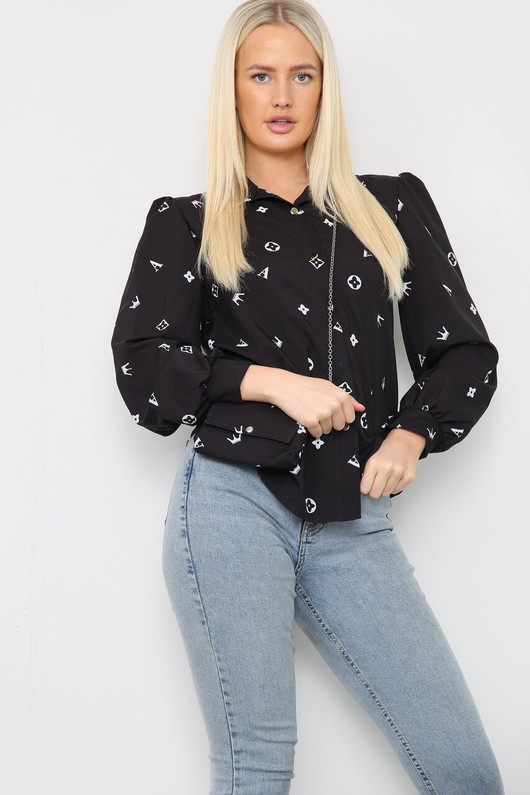 Women's Black puff sleeve print blouse