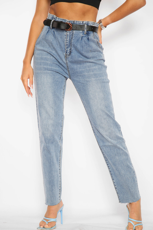 High Waisted Frayed Jeans - Denim Blue