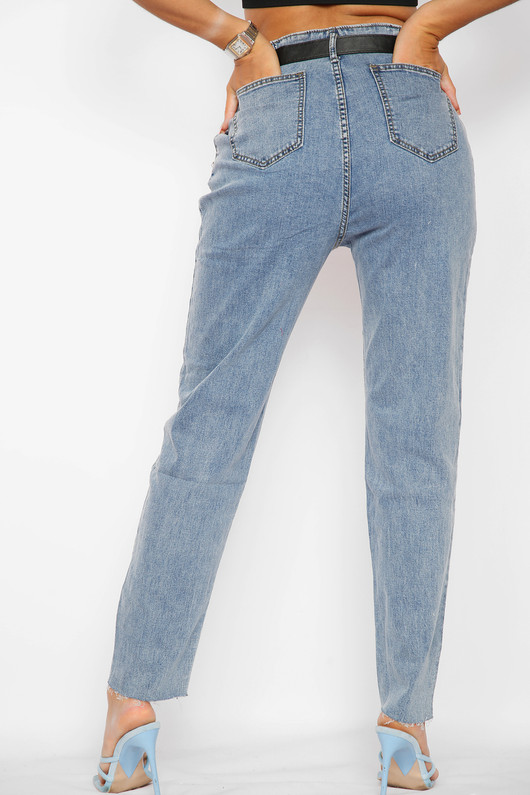 High Waisted Frayed Jeans - Denim Blue