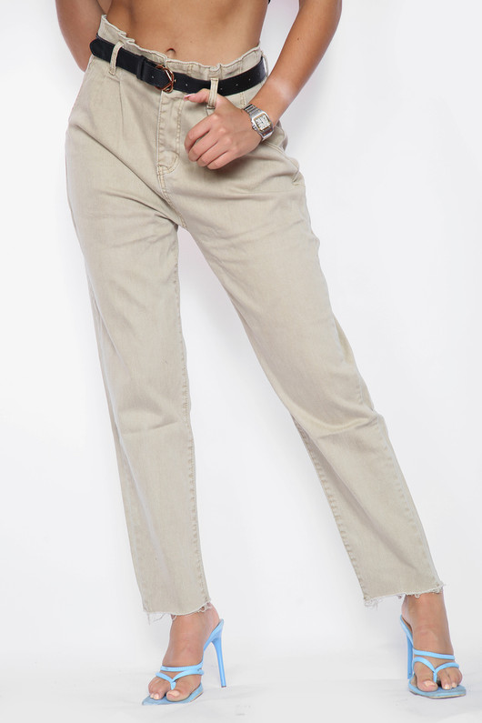 Beige High Waisted Frayed Jeans