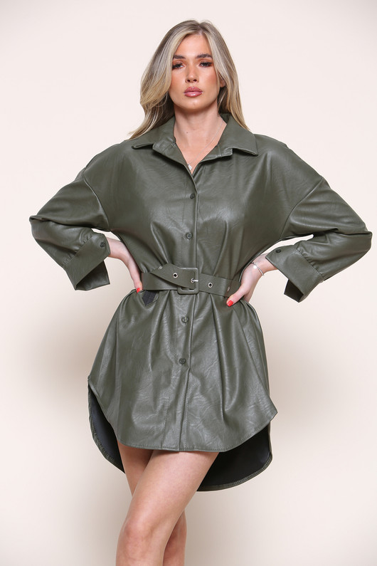 Faux Vegan Leather Belted Shacket - Khaki