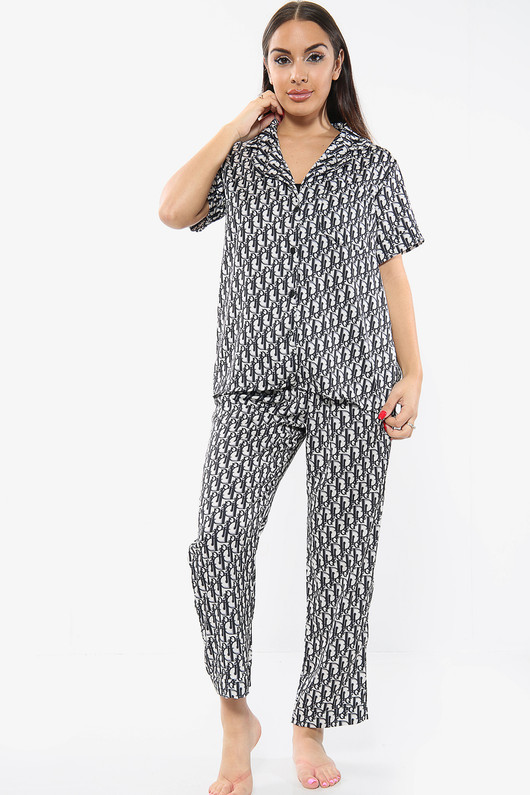 Satin Printed Pyjamas Trouser Set - Black