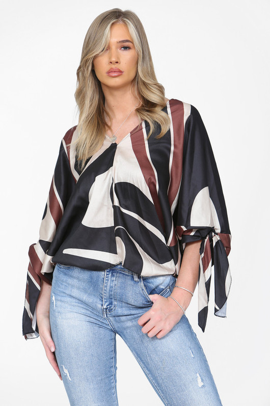 Beige Abstract Print Satin V-Neck Blouse