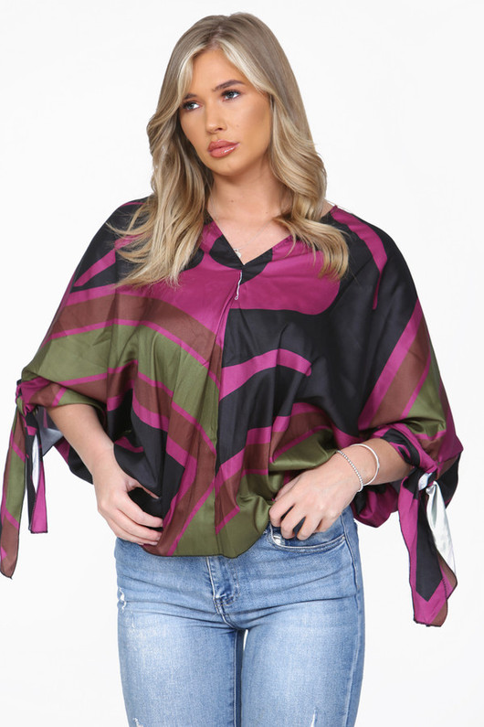 Magenta Pink Abstract Print Satin V-Neck Blouse