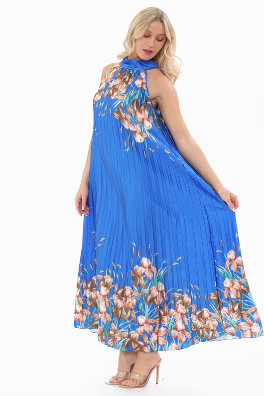 Blue Halter Neck Satin Pleated Floral Maxi Dress