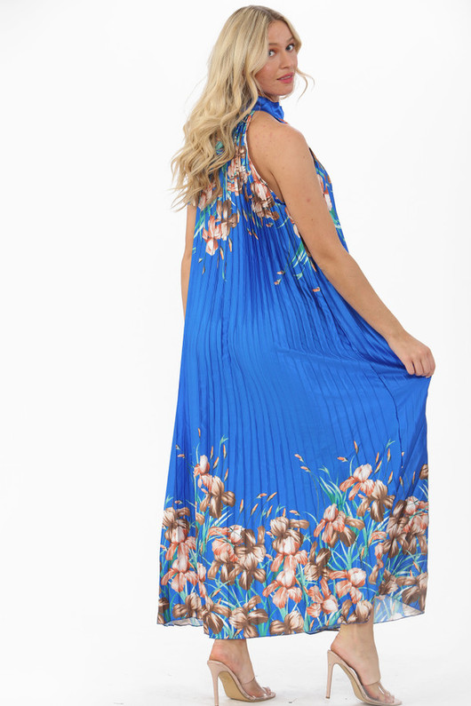Blue Halter Neck Satin Pleated Floral Maxi Dress