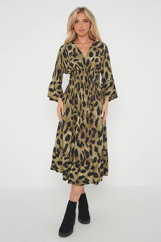Khaki Leopard Print Shirred Waist Midi Dress