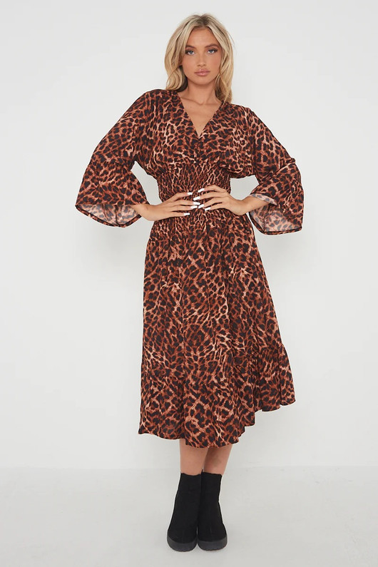 Brown Leopard Print Shirred Waist Dress