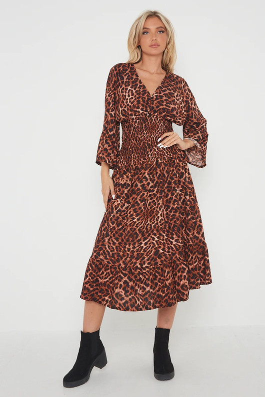 Brown Leopard Print Shirred Waist Dress