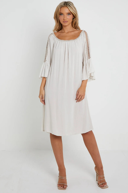 Beige Wide Neck Shoulder Detail Dress