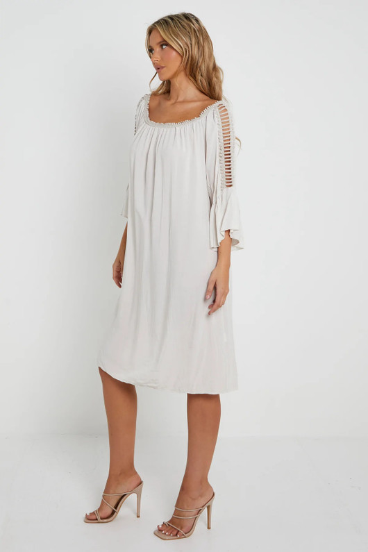 Beige Wide Neck Shoulder Detail Dress