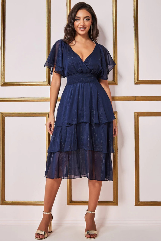 Navy Lurex Chiffon Tiered Midi Dress