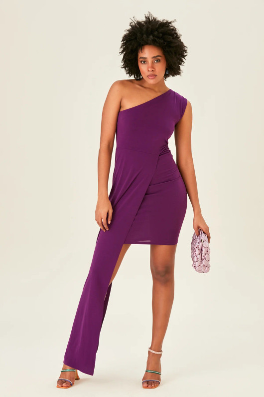 Purple One Shoulder Bodycon Drape Tail Dress