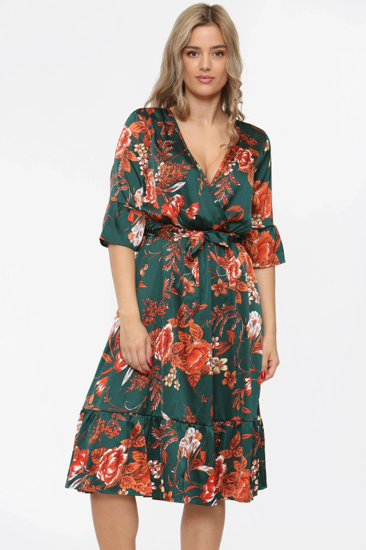 Green Floral Print Satin Wrap Midi Dress