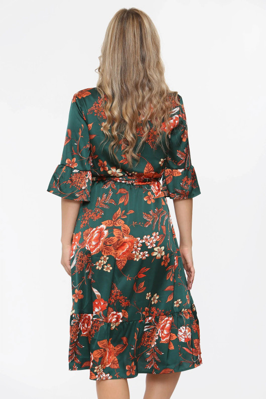 Green Floral Print Satin Wrap Midi Dress