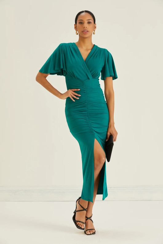 Front Slit Angel Sleeve Midaxi Dress