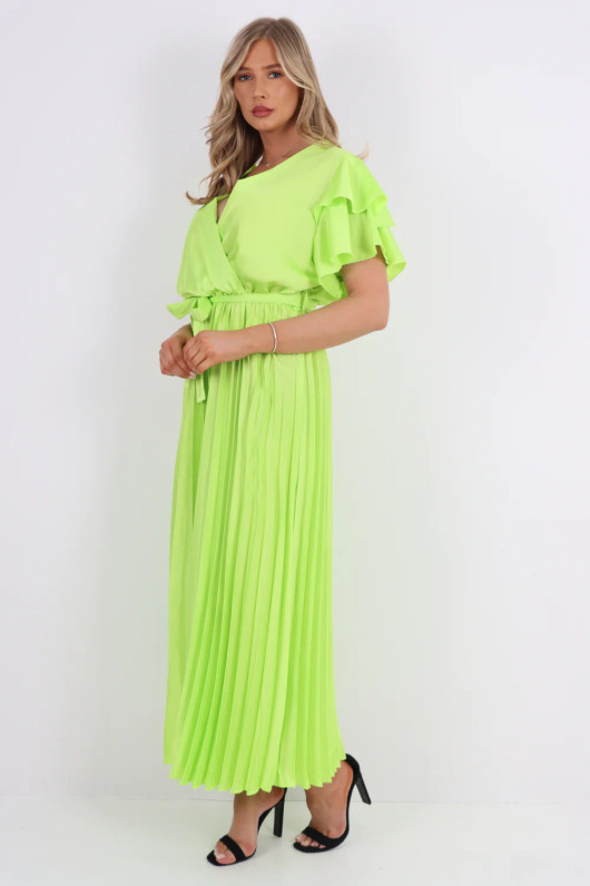 Satin Short Sleeve Frill Pleat Maxi Dress