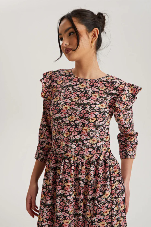 Ruffle Floral Midi Smock Dress