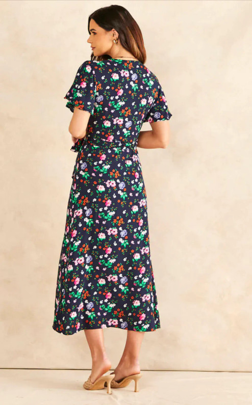 Navy Floral Wrap Midi Dress