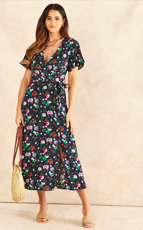 Navy Floral Wrap Midi Dress
