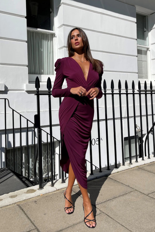 V- Neck Long Sleeve Midi Dress