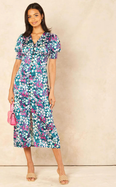 Buttoned Floral Midi Dress