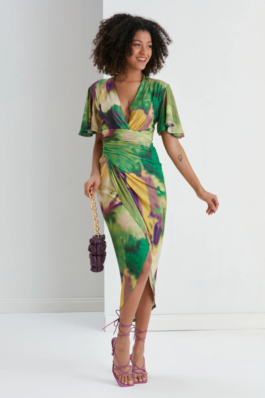 Tie Dye Angel Sleeve Midi Dress