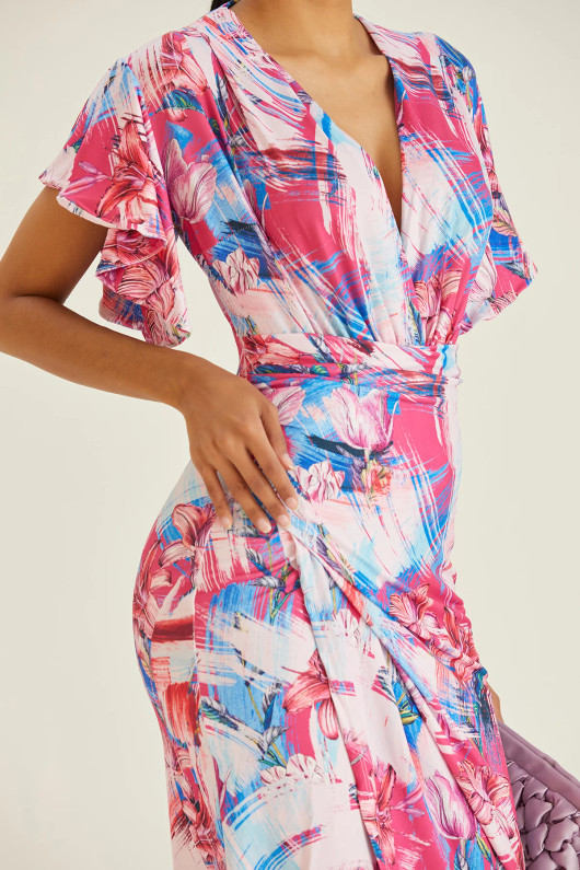 Floral Angel Sleeve Midi Dress