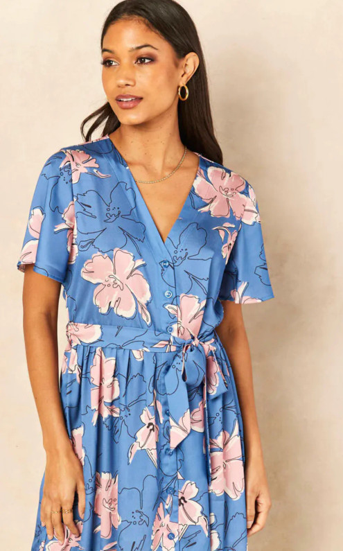 Blue Floral Button Pleat Midi Dress