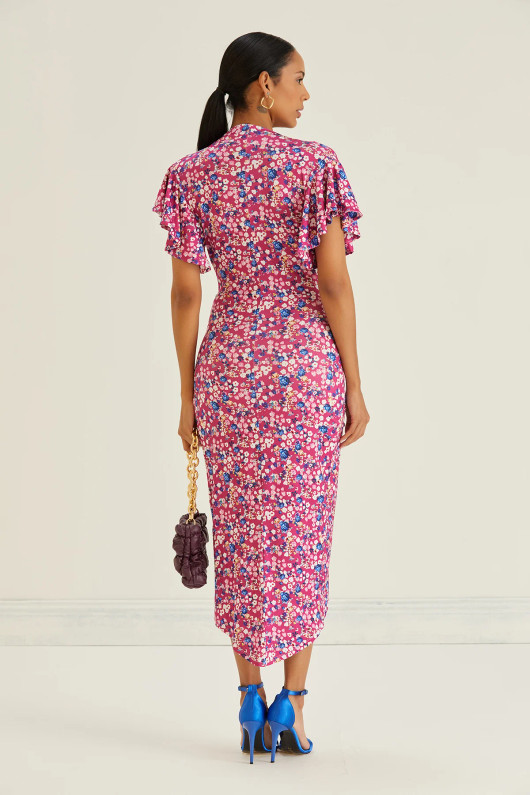 Pink Floral Angel Sleeve Midi Dress