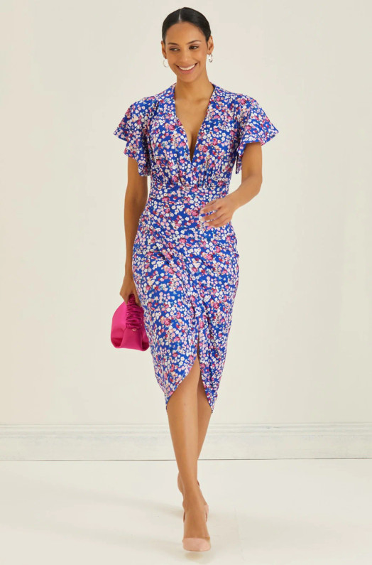 Blue Floral Angel Sleeve Midi Dress