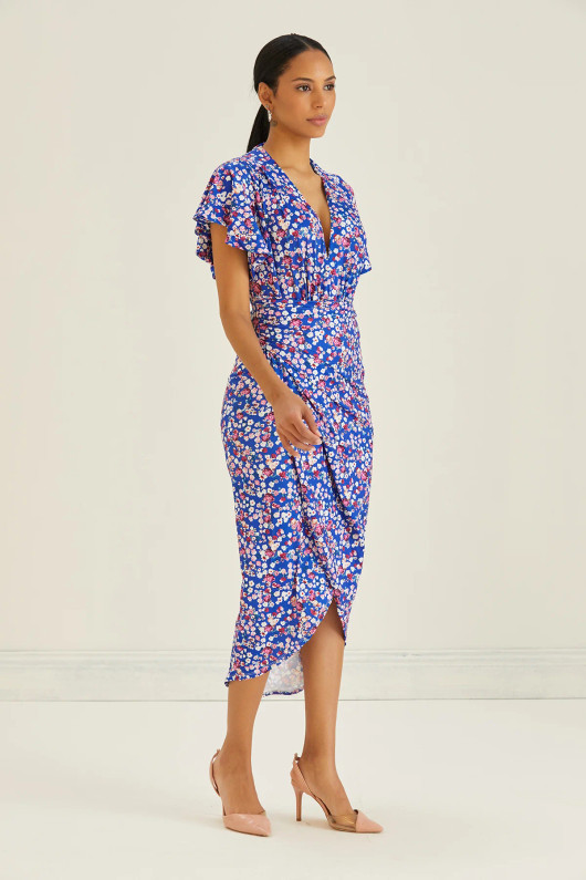Blue Floral Angel Sleeve Midi Dress