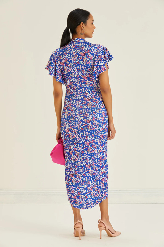Blue Floral Angel Sleeve Midi Dress