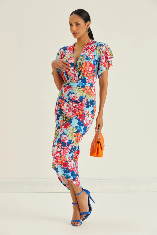 Floral Angel Sleeve Front Split Midi Dress