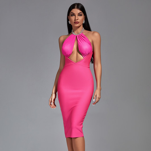 Pink Diamante Halter Neck Bodycon Dress