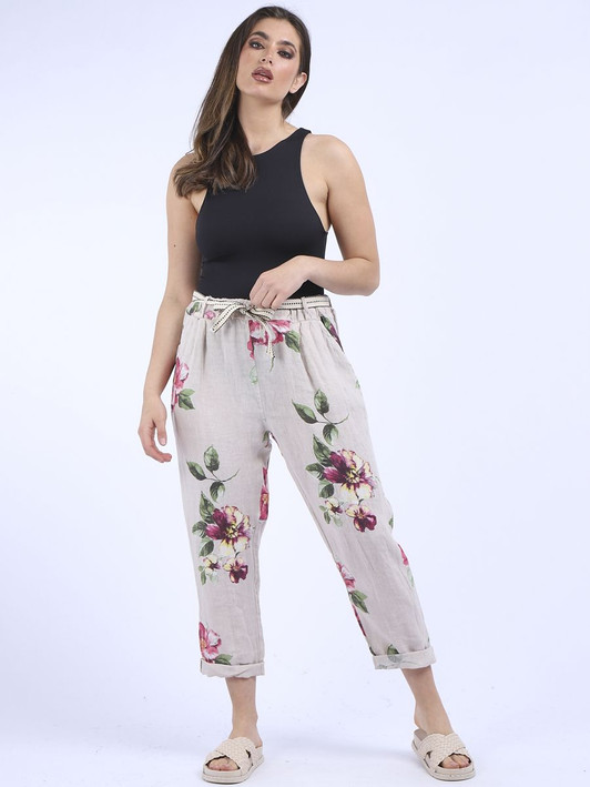 Beige Floral Print Linen Trouser