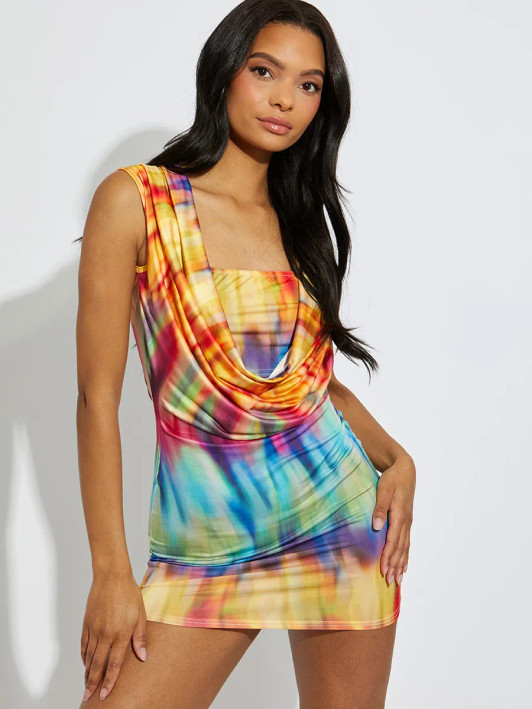 Printed Cowl Neck Bodycon Mini Dress