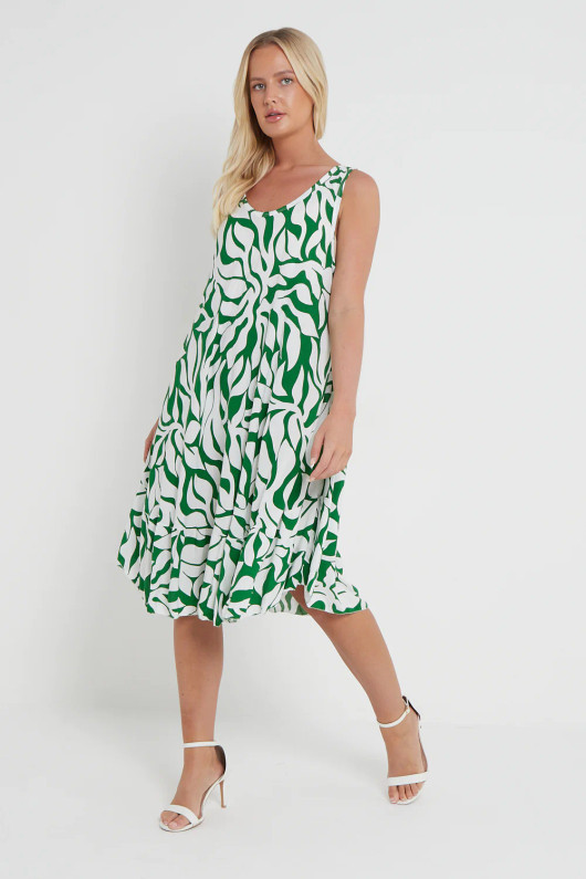 Sleeveless Green Leaf Print Dress