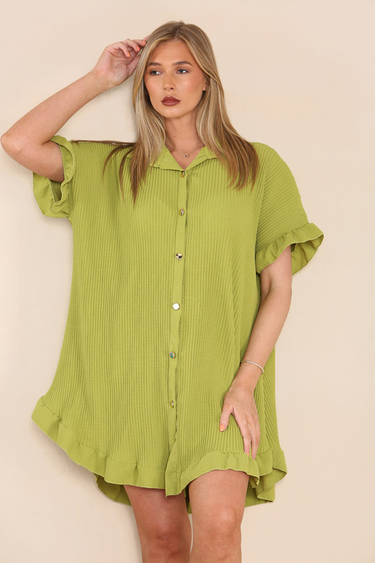 Frill Pleated Oversized Shirt Dress