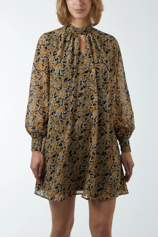Bishop Sleeve Floral Swing Dress