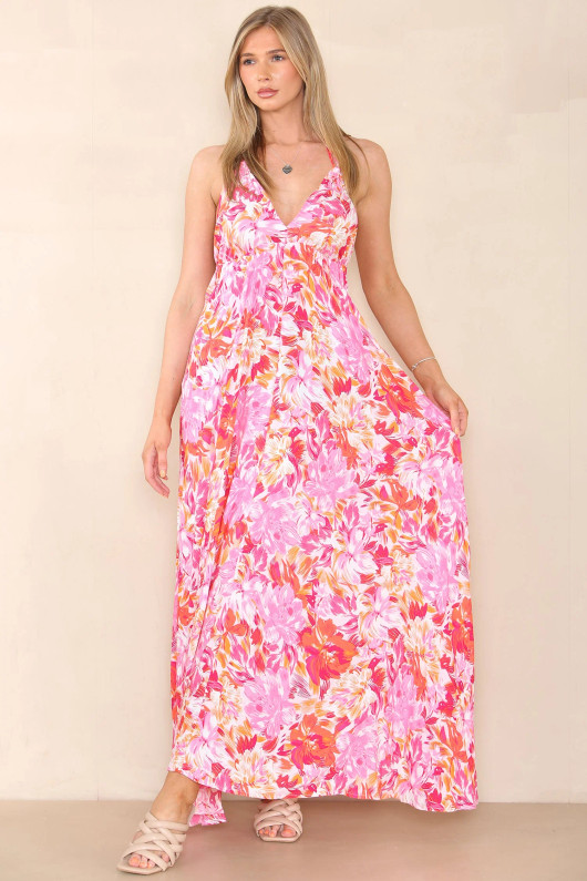 Pink Floral Print Strappy Maxi Dress