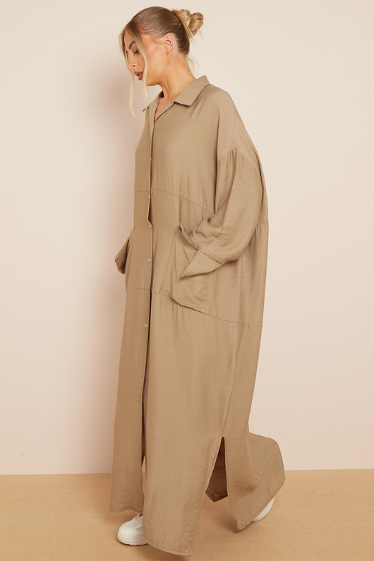Tan Long Sleeve Pocket Shirt Maxi Dress